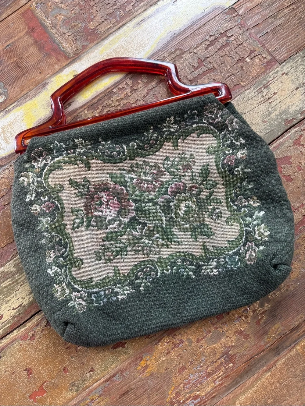 Vintage Floral Green Woven Tapestry Handbag Amber Lucite Handle Spring Purse